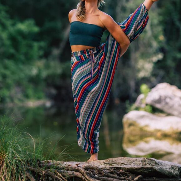 Buddha Pants Unisex Drawstring Boho Hippie Stripe Savannah Harem Pants Green - Picture 15 of 15